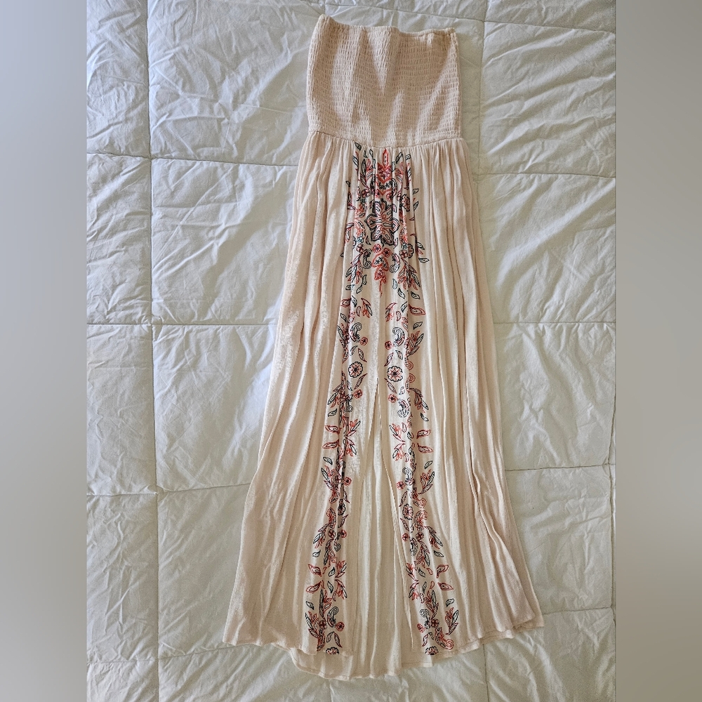 Beige Pink Floral Strapless Maxi Dress Size Small